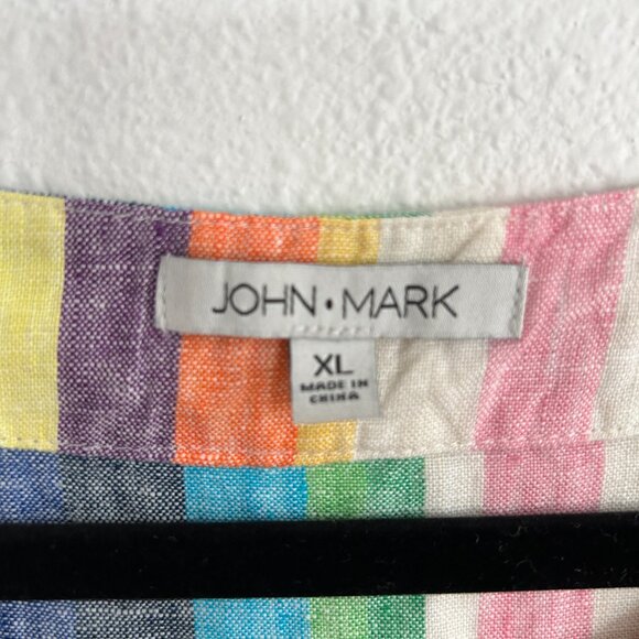 John Mark Shirt XL Rainbow Stripe Linen Embroidery Flounce Sleeve Raw Hem - Picture 7 of 8